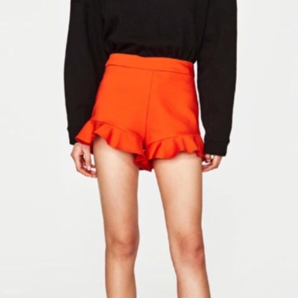 Zara High Waist Orange Ruffle Shorts